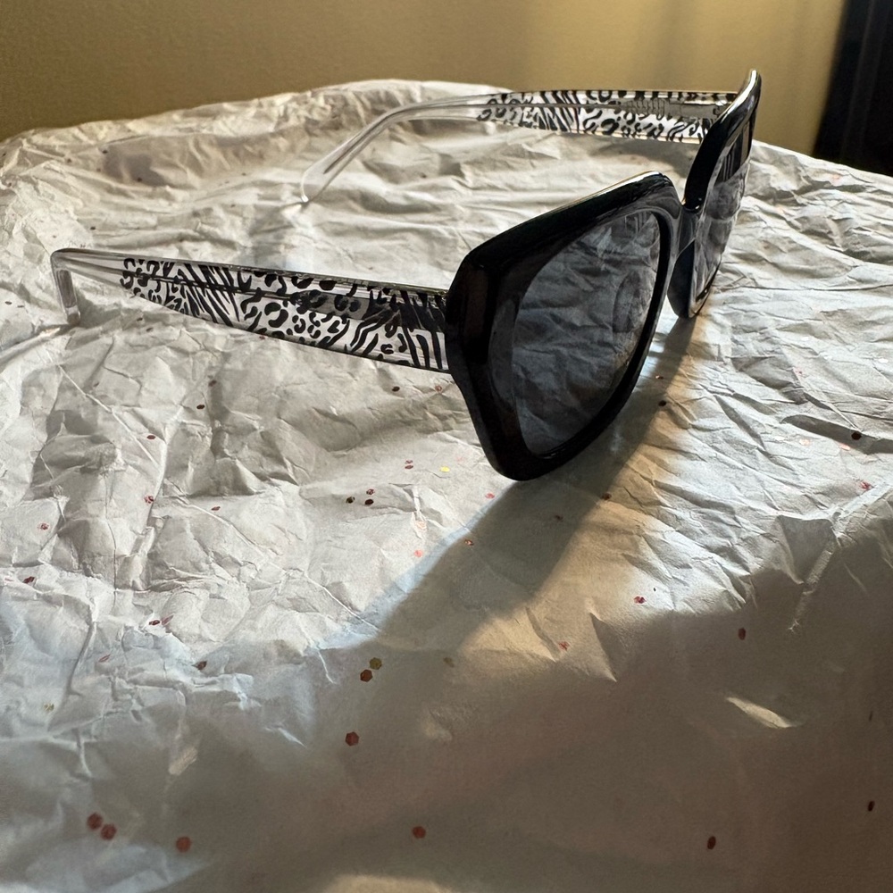 Black Frame Sunglasses with Black & White Animal Print Temples